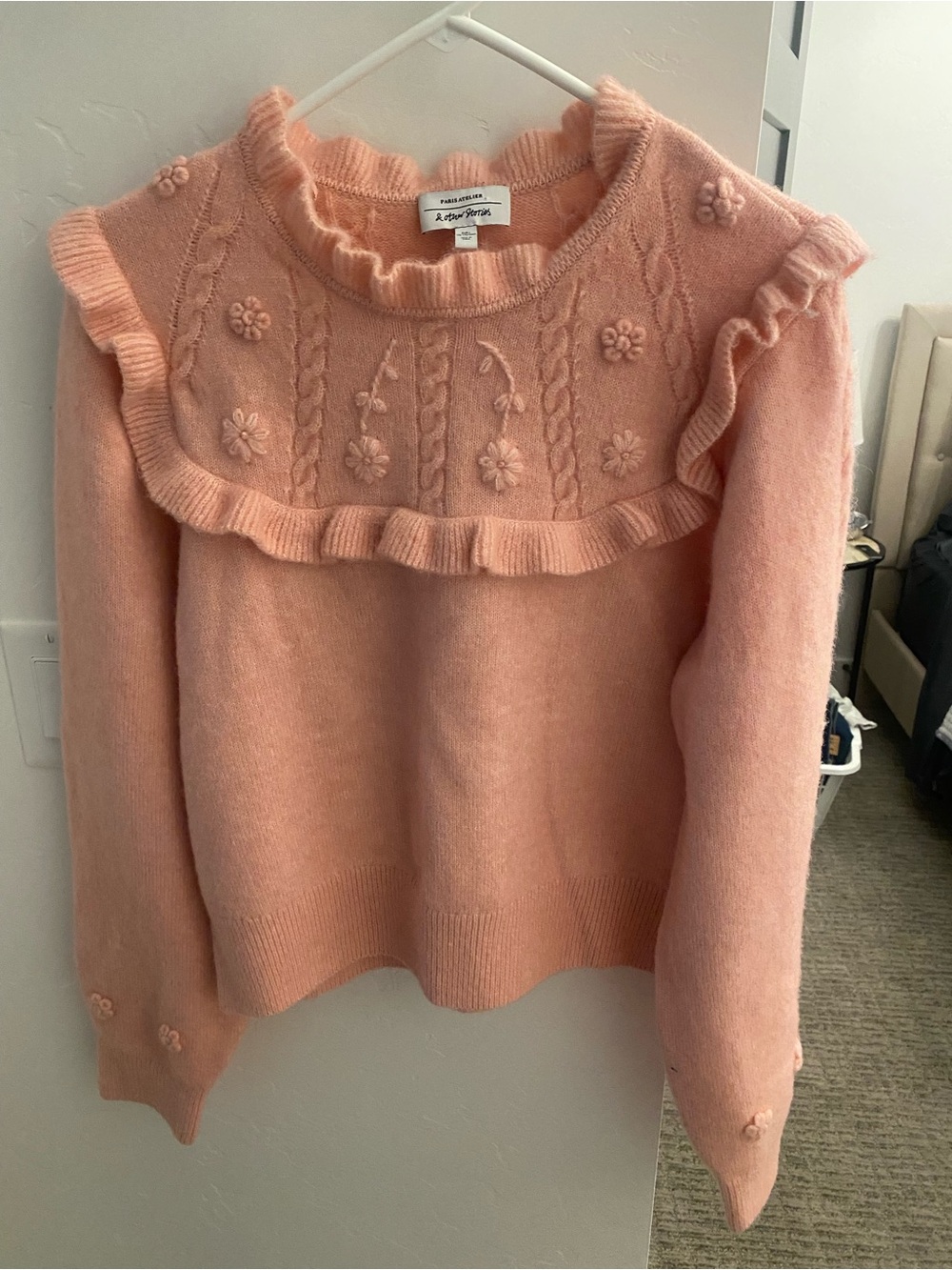 & Other Stories Pink Floral Ruffle Crewneck Sweater